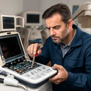 Profissional de saúde ajustando equipamento médico em São Paulo.