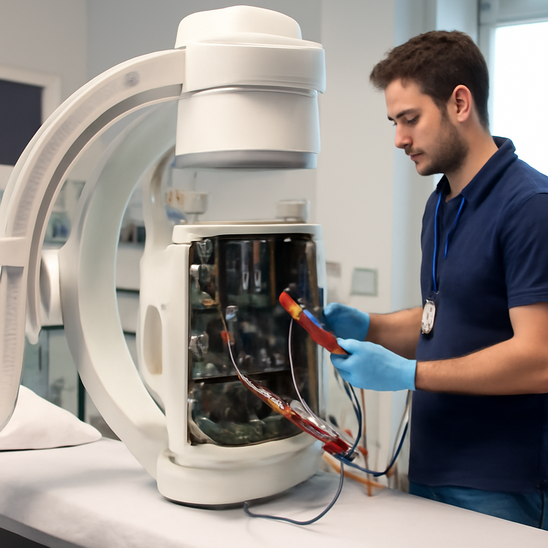 Técnico realizando manutenção em equipamento médico
