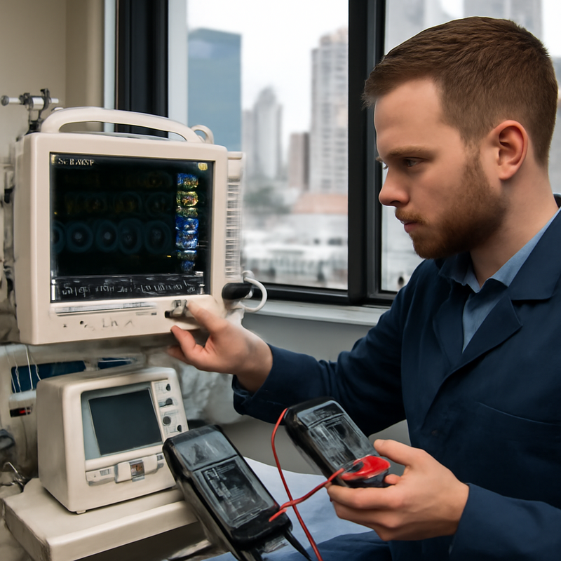 Imagem de um técnico calibrando um equipamento médico