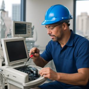 Técnico realizando manutenção em equipamento médico