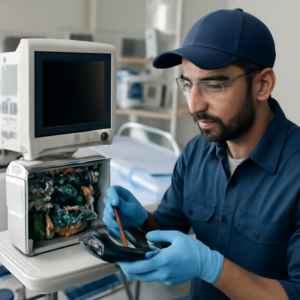 Profissional realizando manutenção em equipamento médico em São Paulo