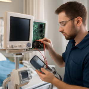 Técnico realizando manutenção em equipamento hospitalar