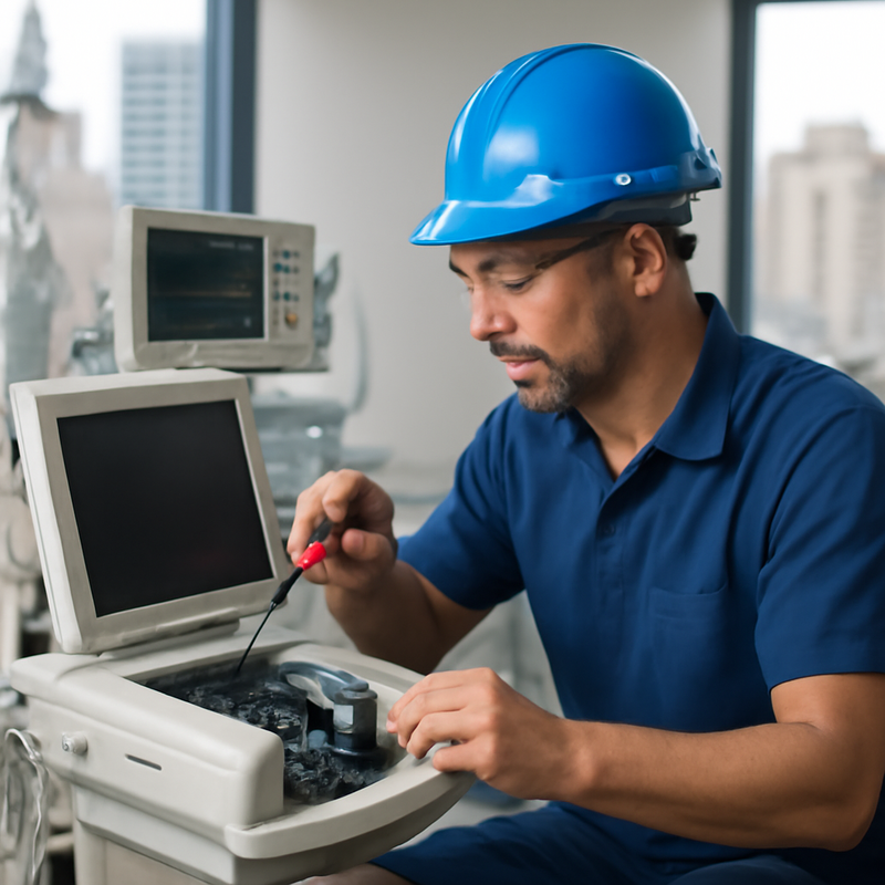 Técnico realizando manutenção em equipamento médico